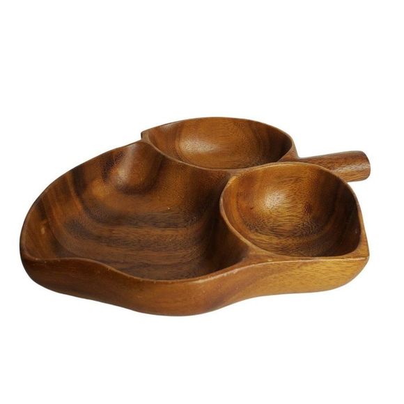 Wooden 3 Way Divided Leaf Shaped Bowl Tray Dish Monkeypod - Picture 3 of 10